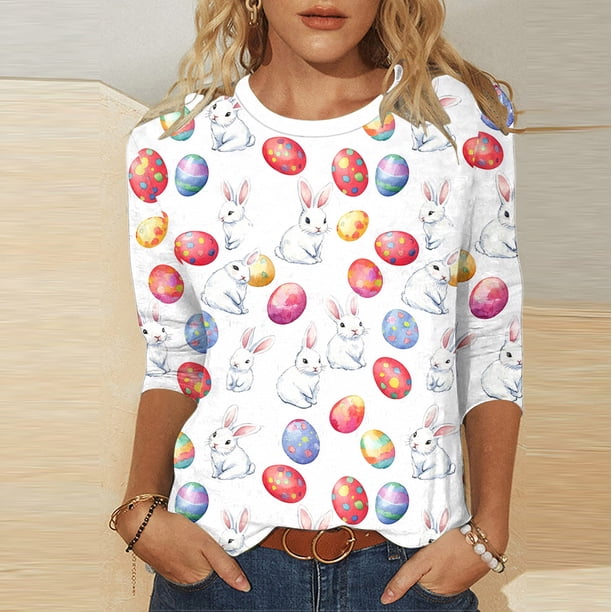 TaTaai Women Casual Spring T-Shirt Easter Print Crew Neck 3/4 Sleeve Loose Fit Pullover Top Ladies Daily Outdoor Holiday Wear Breathable No Fading Comfortable Fashion Top Gift