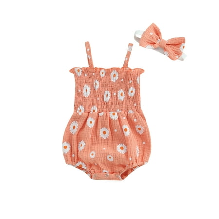 

Newborn Baby Girls Romper Outfits Cotton Linen Casual Sleeveless Pleated Floral Print Jumpsuit+Bowknot Hairband Summer Clothes
