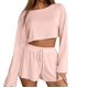 thumbnail image 2 of Pijama de Punto Acanalado para Mujer: Pijama Suave y Transpirable de 2 Piezas, Camiseta de Larga y Pantalones Cortos, Ropa de Estar Cómoda, Color Rosa L, 2 of 8