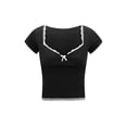 thumbnail image 1 of Mialoley Hauts Courts en Dentelle pour Femmes Manches Courtes Col Cœur Mini Nœud devant T-Shirt Slim Doux, 1 of 9