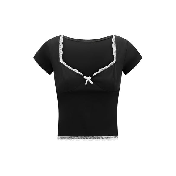 Argulvti Women's Polyester Lace Trim Cropped Tops, Short Sleeve Sweetheart Neck Mini Bow Front Sweet Slim T-Shirt