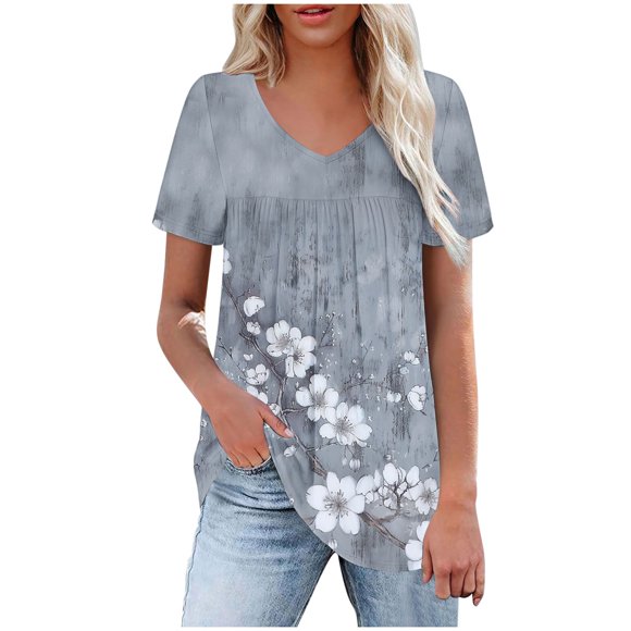 Tnhcen Blouses d'Été à Manches Courtes Imprimées Col en V pour Femmes / Plissé devant Grande Taille P-2TG / Hauts Décontractés Confortables