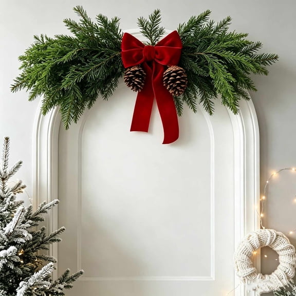 Christmas Doorway Swag, Artificial Greenery Arch Decor with Red Velvet Bow & Metal Bells for Front Door Mantel Holiday Decor