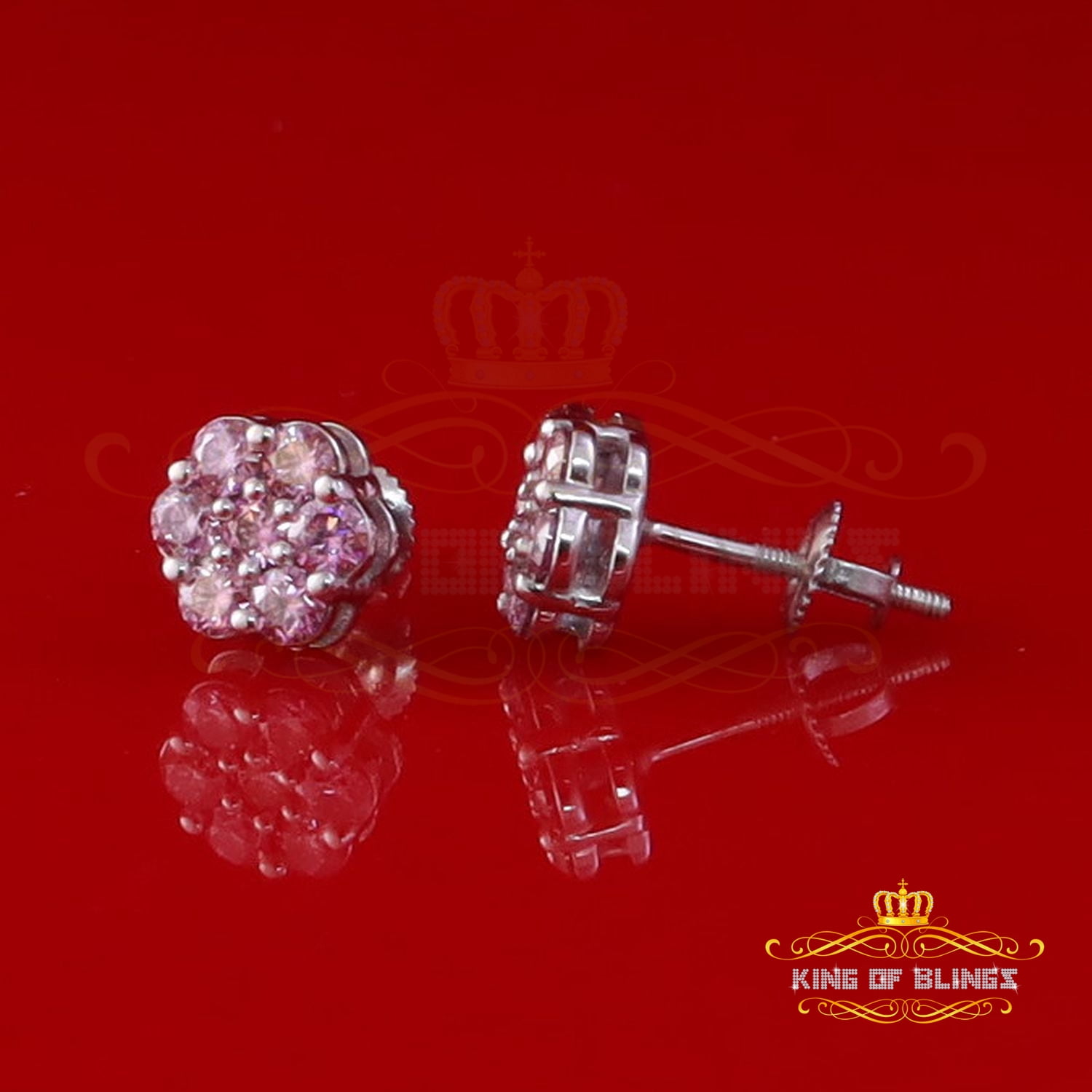 King of Bling's 925 Silver White 1.00ct VVS 'D' Pink Moissanite Floral Mens/Womens Stud Earrings