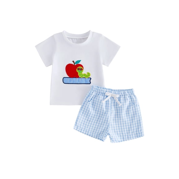 BemeyourBBs Toddler Baby Boys Back to School Outfits Summer Kindergarten Outfit Baby Boy First Day of School Outfit Cute Apple Caterpillar Embroidery Short Sleeve T Shirt Tops and Plaid Shorts Set