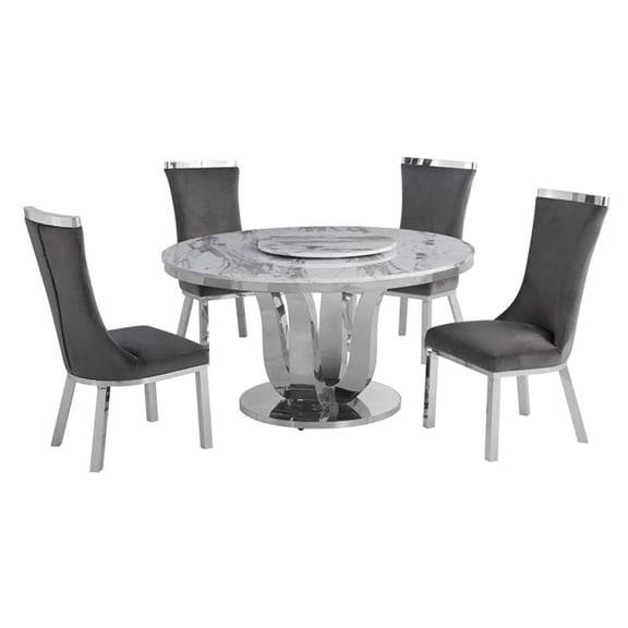 Round White Marble 5pc Dining Set with Silver Stainless Steel and 4 Chairs