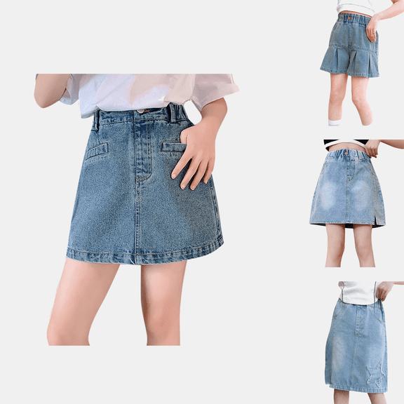 hoksml Girls Denim Skirt Midi and Mini A-Line Skirts with Star Patch, Side Slit, Ruffle Hem and Elastic Waist for Casual and School Wear
