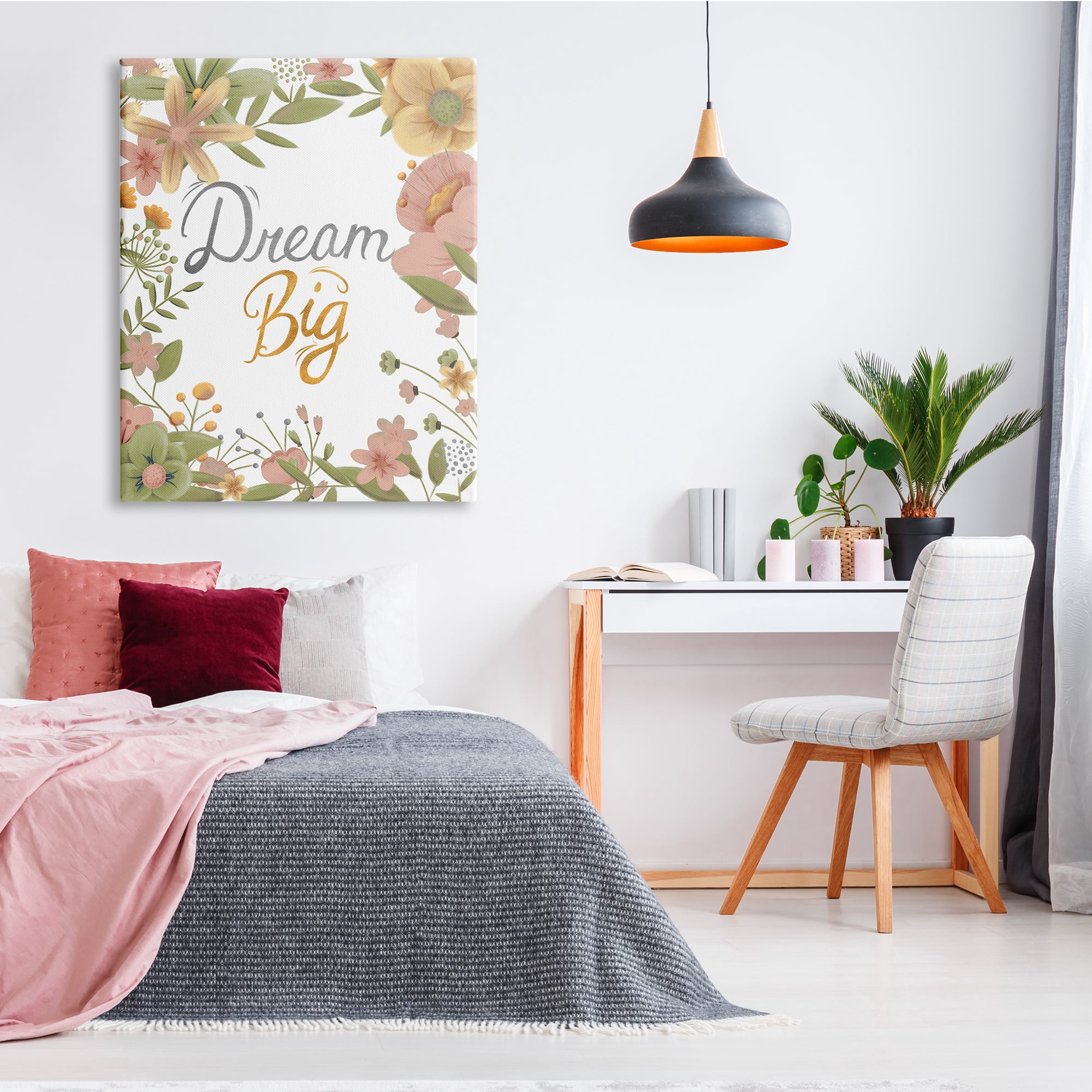 Stupell Industries Dream Big Sentiment Pink Yellow Spring Floral Border, 36 x 48, Design by Josefina