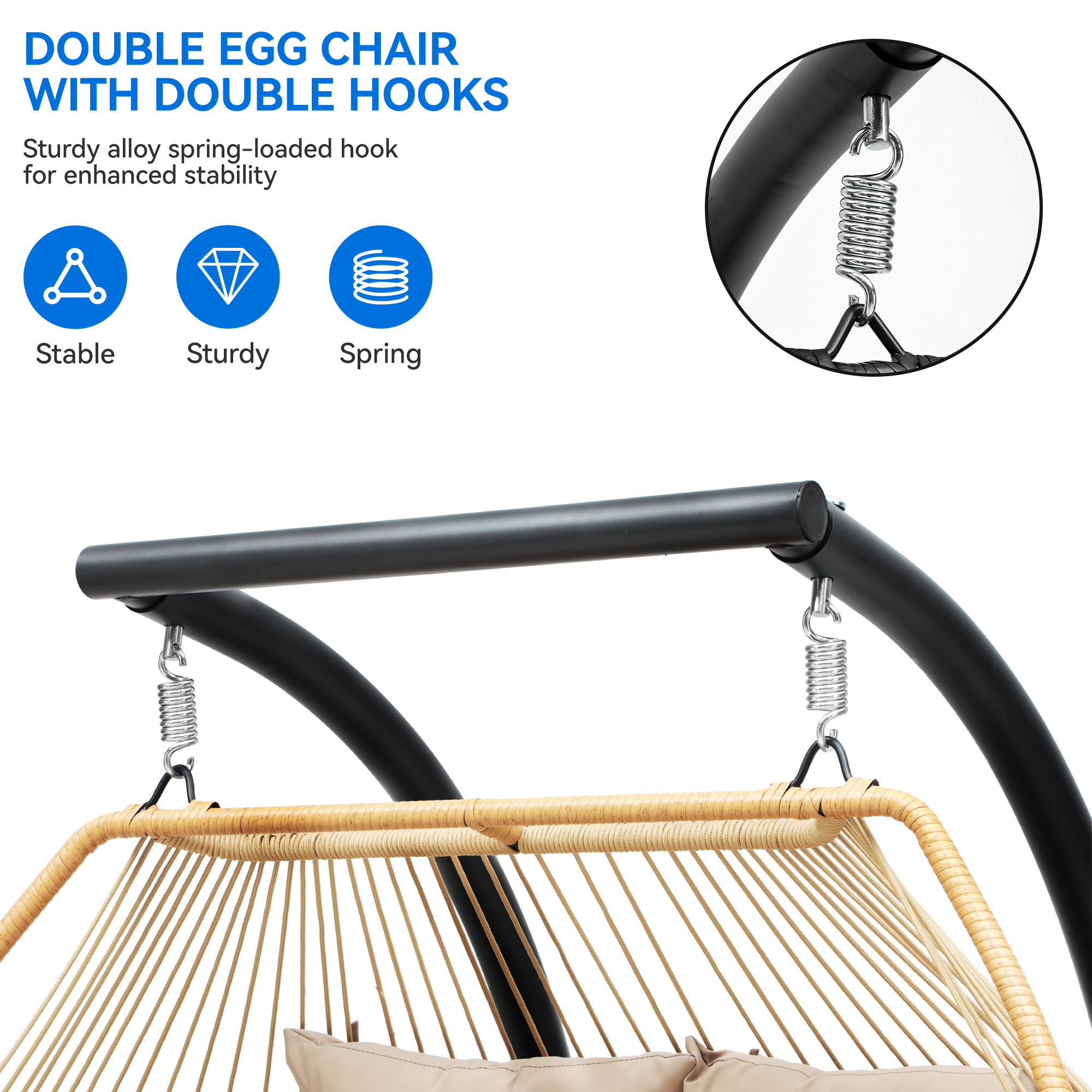 Uforic Hexagonal Khaki Double Hanging Outdoor Swing Chair, Comfortable Dual Seating, Woven Rattan Love Seat with Stand and Cushions, 500lbs Load Ability, Ideal for Deck, Lawn, Veranda