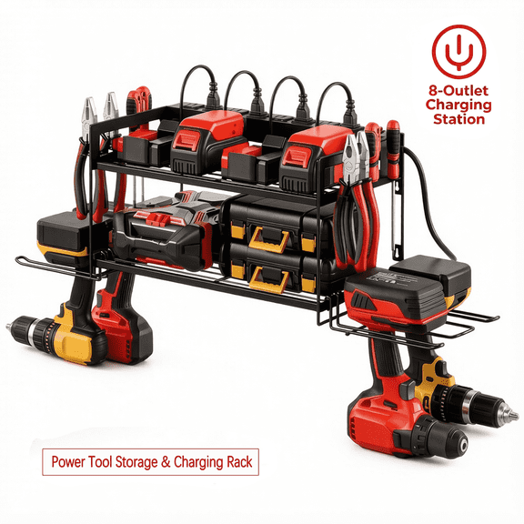 VILONG Power Tool Organizer with Charging Station, Cordless Drill Holder, Battery Storage Rack, Garage Wall Mount Tool Shelf, Black
