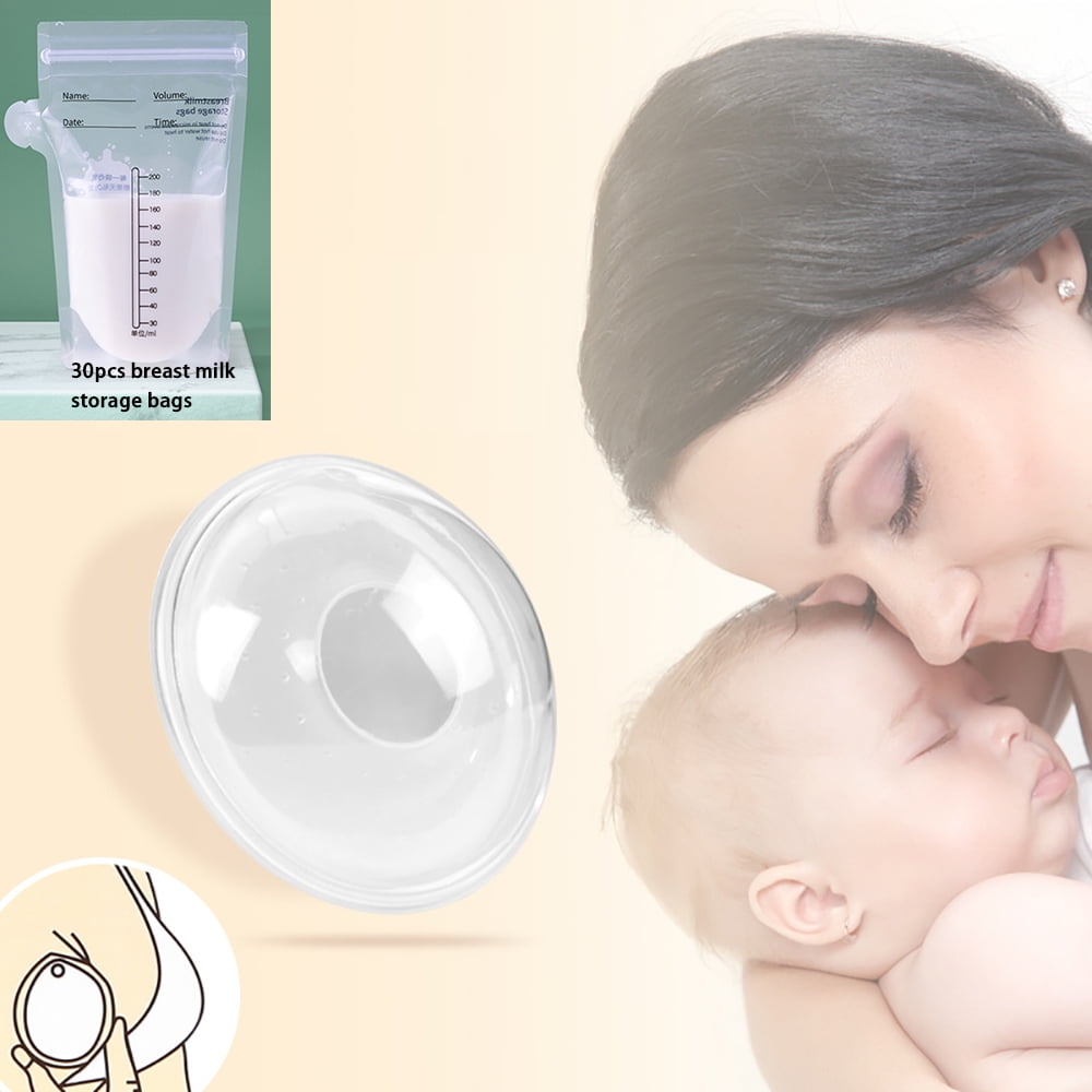 LNGOOR 2 Pcs Breast Milk Collectors for Breastfeeding Moms,Soft Flexible Silicone Breast Shells With 30 Pcs Breastmilk Storage Bags