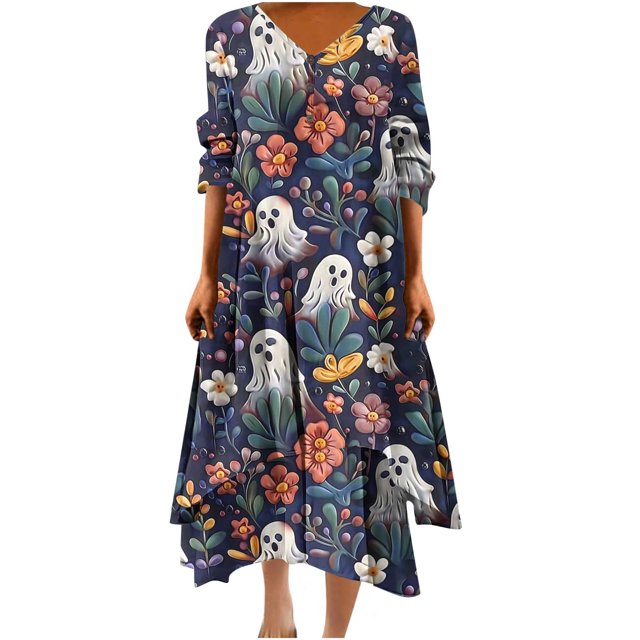 Dress for Women,Casual Dress for Women,Womens Casual Halloween Print Loose Button Hem Irregular V-Neck Dress,Halloween Dress for Women,Sexy Summer Dress for Women