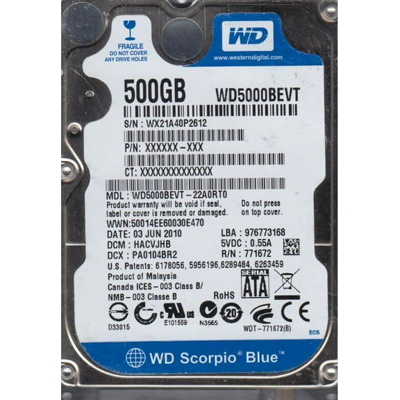WD5000BEVT-22A0RT0, DCM HACVJHB, Western Digital 500GB SATA 2.5 Hard Drive