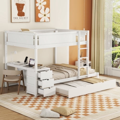 DRNANLIT Full-Over-Full Bunk Bed with Twin size Trundle,with 3 Storage Drawers,Bulit in Desk,White