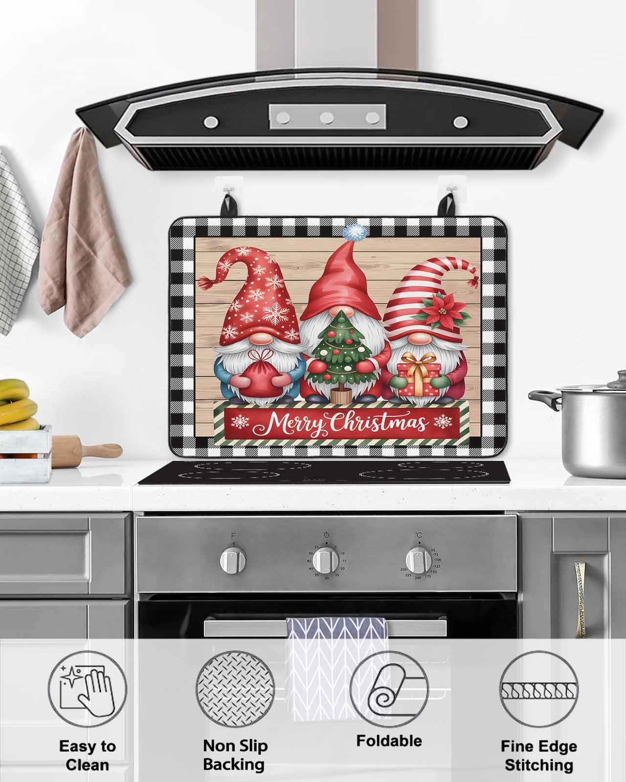 Large Induction Cooktop Protector Mat Christmas Stove Top Covers for Electric Stove, Gnomes Poinsettia Wooden Grain Black Check Decorative Stove Burner Cover Mats, Glass Top Stove Cover