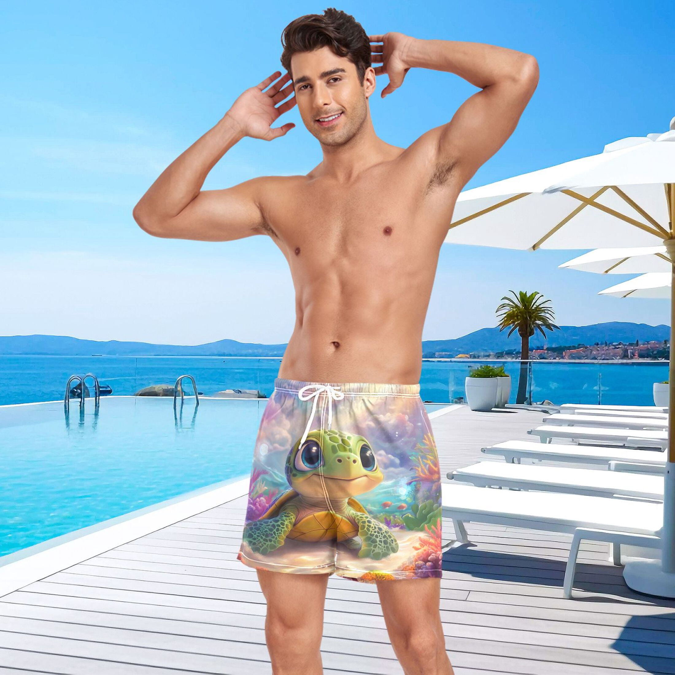 joogoo Men's Sea Turtles Sunshine Swim Trunks with Liner Pocket Beach Shorts Large