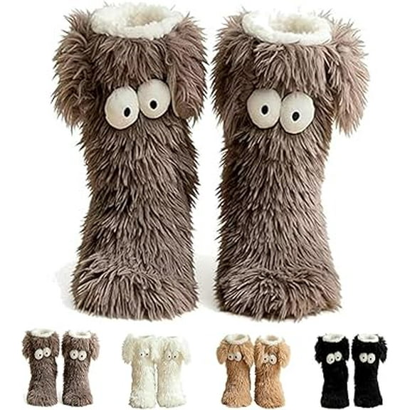 Cozy Socks, Winter Warm Fuzzy Non-Slip Slipper Socks with Cute Big Eyes, Thick Fleece Floor Long Socks(Gray)(XX)
