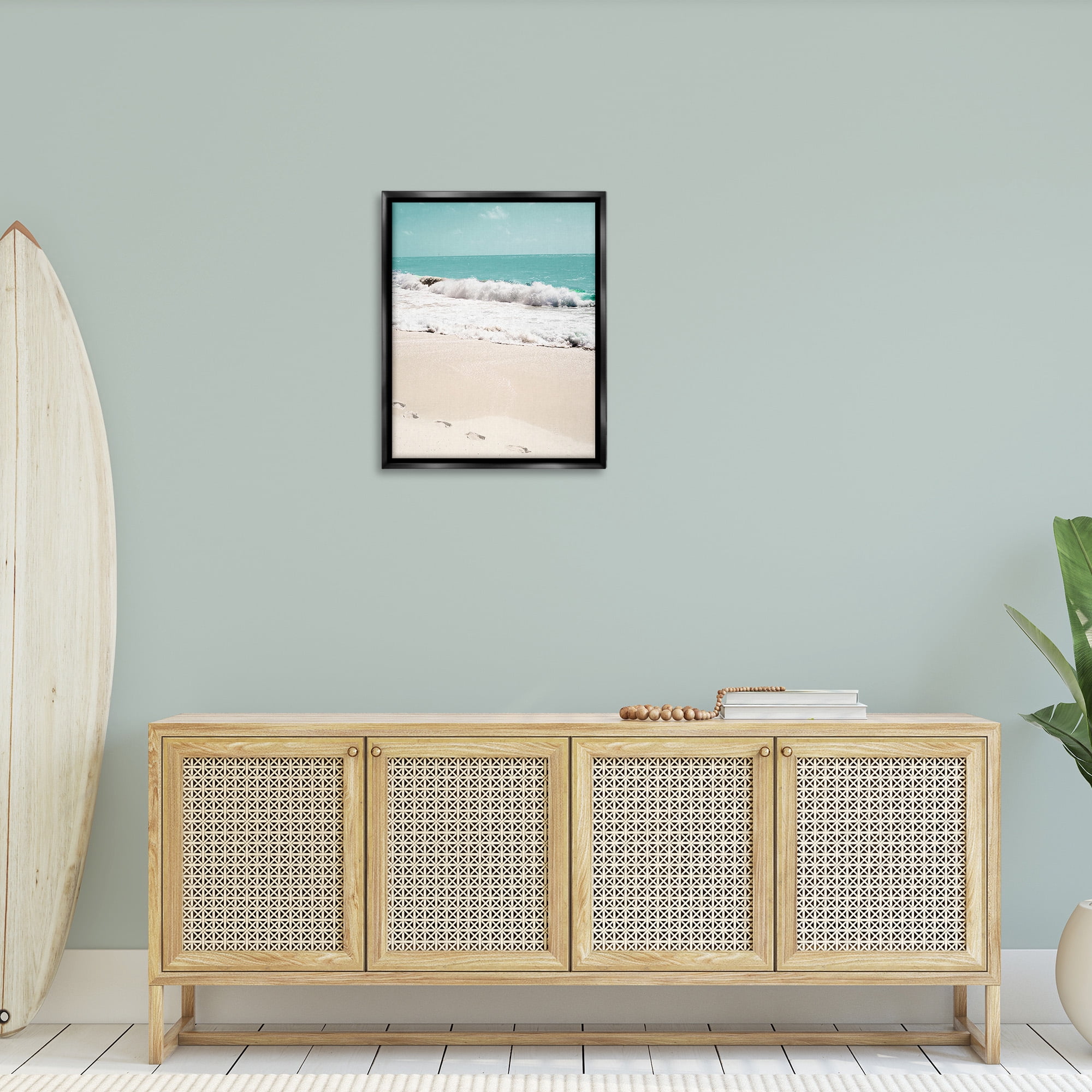 Stupell Industries Footprints on Beach Shore Landscape Photography Black Floater Framed Canvas Art Print Wall Art, 25 x 31