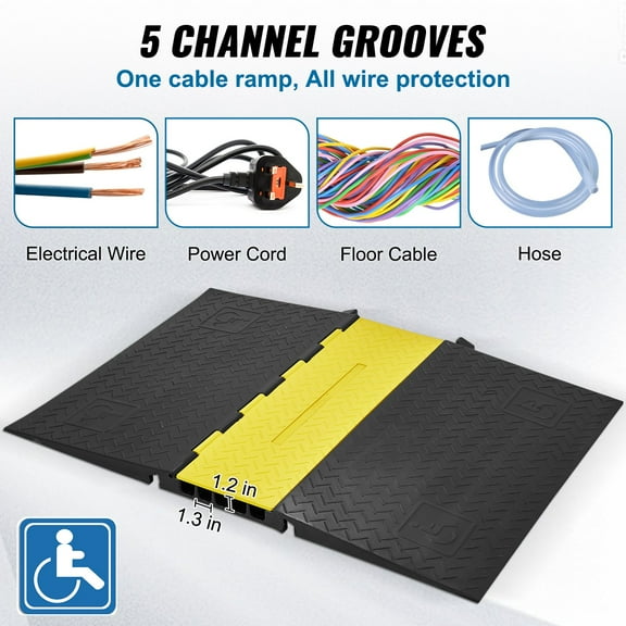 Black 5-Channel Rubber Cable Protector Ramp, 22000Lbs Load Capacity, Ada Compliant, 45"X31.5" Size, for Wires & Hoses, Easy Installation