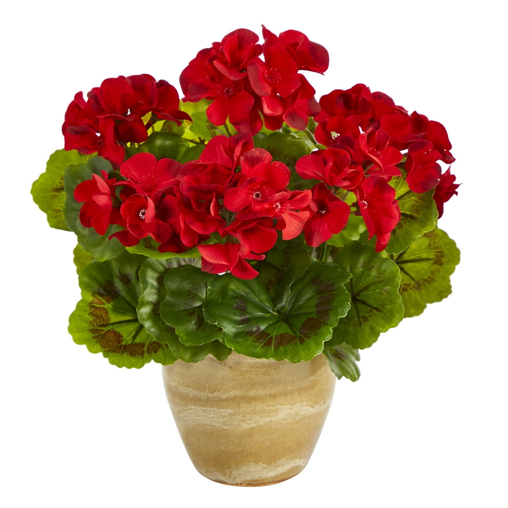 Nearly Natural 11in. Geranium Artificial Plant in Ceramic Planter UV