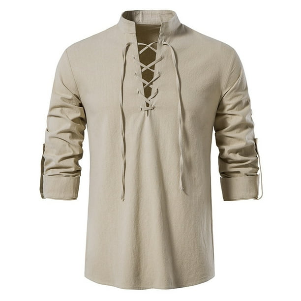 Men Lace Up Shirt Stand Collar V Neck Long Sleeve Casual Vintage Pure