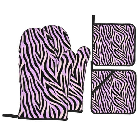

Oven Mitts and Pot Holders 4 pcs Set zebra print purple Heat Resistant Silicone Oven Mitts Pot Holders for Kitchen Baking Cooking Non-Slip Oven Gloves Hot Pads Potholders