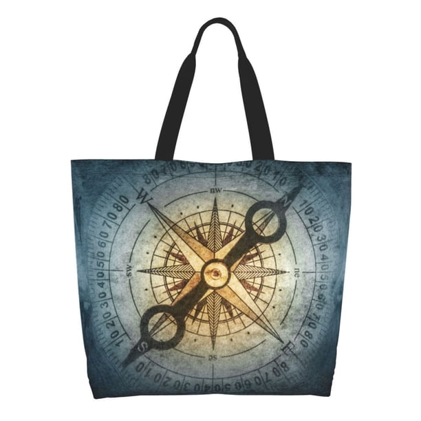 Balery Vintage Compass Bolsa Tote Estilo Estético con Cremalleras, Bolsa de Hombro, Bolsa de Compras Grande y Plegable