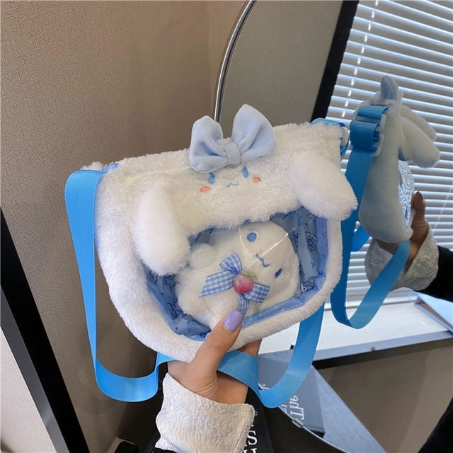 Bolsas de felpa Kawaii Sanrio Cinnamoroll Melody Kuromi Hello Kitty, bolso cruzado transparente de felpa, colgante de muñeca de Anime de dibujos animados, regalo