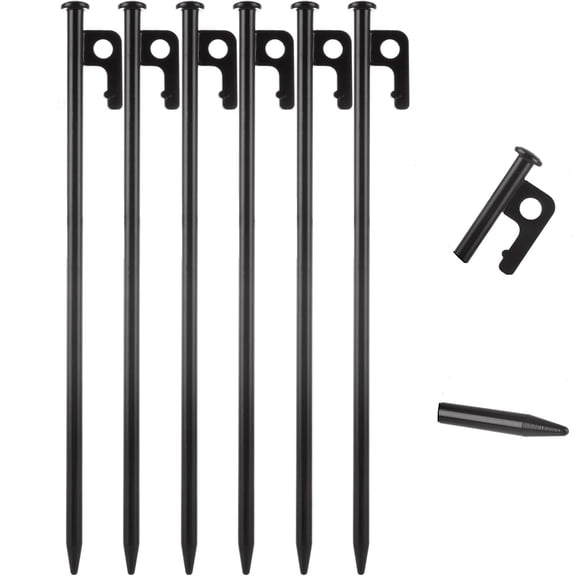 Meilimei 6-Pack Tent Stakes Heavy Duty, 12-Inch Black Camping Stakes, High-Strength Carbon Steel Ground Pegs with Hook for Tent, Tarp, Canopy, Garden Stakes Outdoor