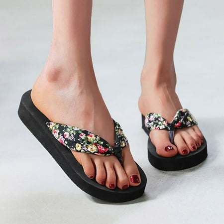 

Women S Slippers Fashion Boho Satin Strap Summer Platform Wedge Flip-Flops Sandals Beach Slippers Shoes For Women Cloth Black 39