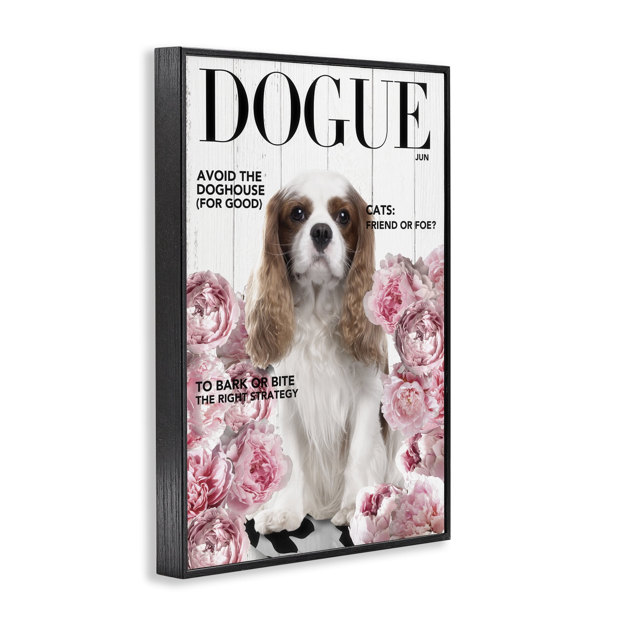 Funny Floral Dog Magazine Black Framed Giclee Art, design by Sasha