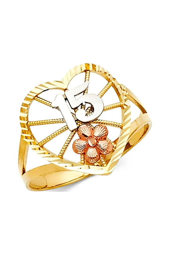 14k Yellow White Rose Gold 15 Years Heart Ring Quinceanera Flower Band Diamond Cut Style 15MM Size 6.5