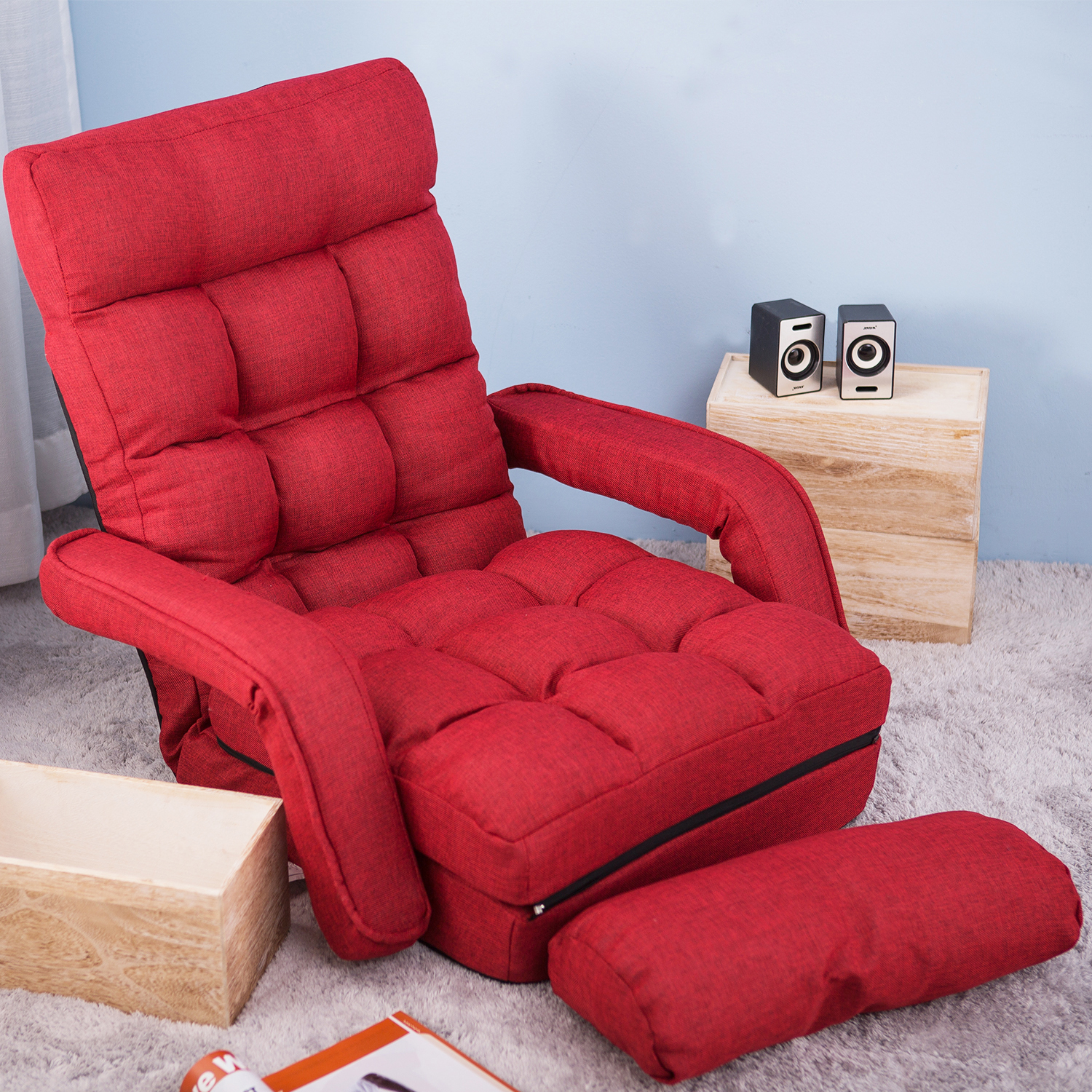 Floor Chair Set with Adjustable Backrest, Folding Chair with Armrests and a Pillow, Lazy Sofa Floor Chair Sofa Lounger Couch for Living Room Bedroom Dorm Office, No Assembly Required, Red, Q6294 - image 3 of 10