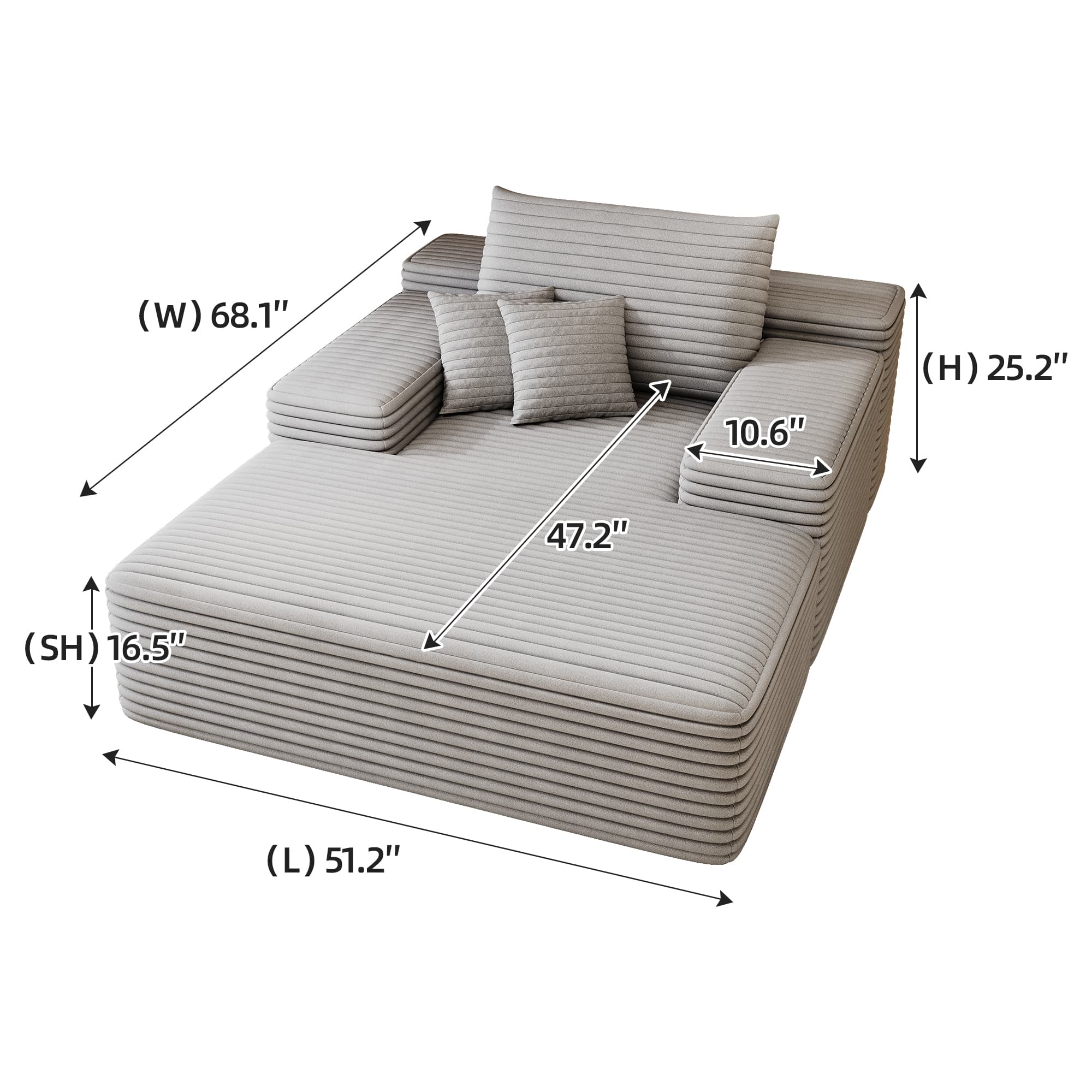 Leumius Oversized Chaise Lounge Chair Indoor Furniture, No Assembly Required, Plush Corduroy Upholstered Sofa Bed Cozy Sleeper Couch for Living Room, Bedroom, Grey