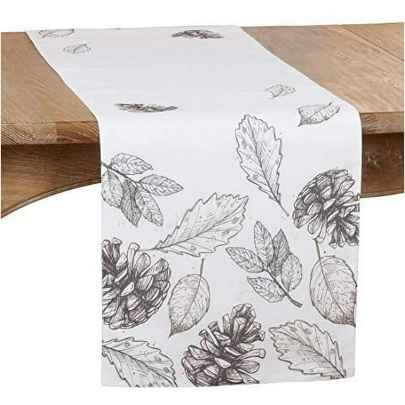 Fennco Styles Delicate Fall Leaf Pinecone Decorative Table Runner 16" W x 70" L - White Autumn Table Cover for Dining Table, Banquets, Special Events and Home DÃ©cor