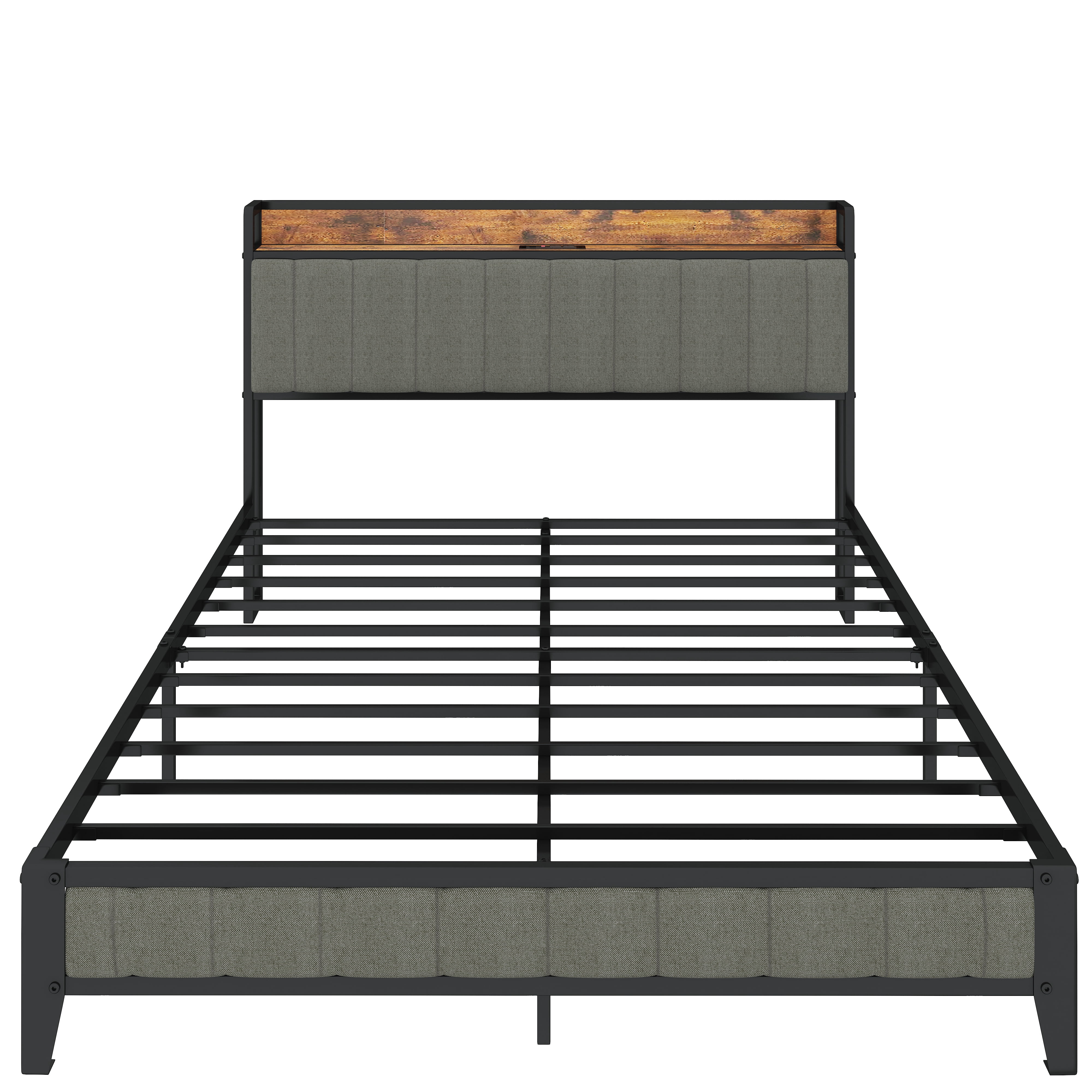 Bed Frames Full Size Bed Frame with Charging Station, Upholstered Headboard, Metal Platform, Grey,Adjustable Bed Base
