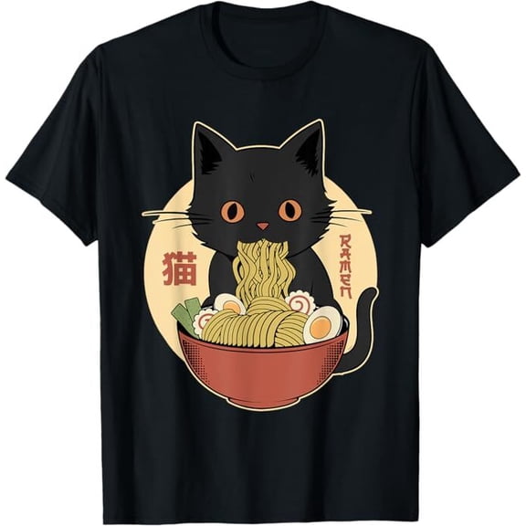 Cat Ramen Funny Graphic Tees Japanese Kawaii Cat Anime T-Shirt