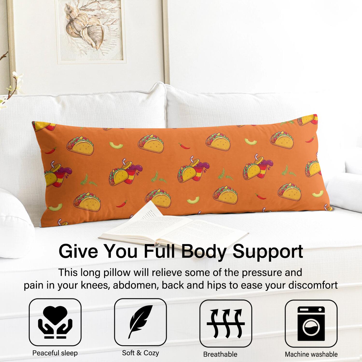 Hamburger Print Body Pillow Cover 20" x 54" Junk Food Lovers Cozy Pillowcase with Hidden Zipper, Stretchy Sandwich Design for Sleeping, Office, or Maternity Use