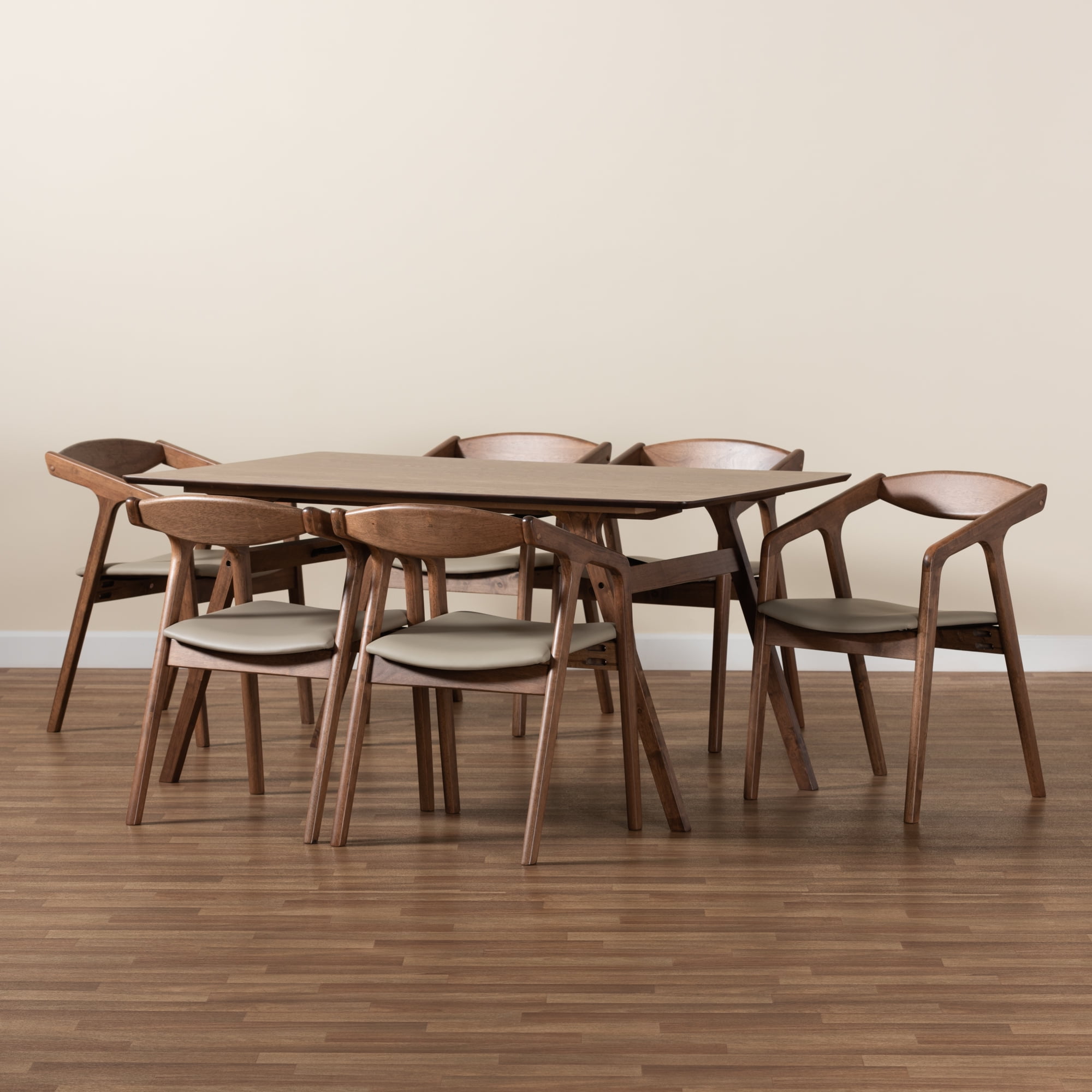 Baxton Studio Harland Mid-Century Modern Grey Faux Leather Upholstered and Walnut Brown Finished Wood 7-Piece Dining Set