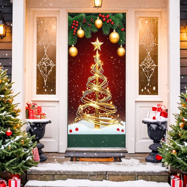Décorations de Rideau de Porte de Noël, Couverture de Fond de Scène des Fêtes pour la Maison, Fête, Vitrine, Tissu Polyester Imperméable Réutilisable avec Boucle de Suspension en Métal pour Décoration Saisonnière Intérieure Extérieure