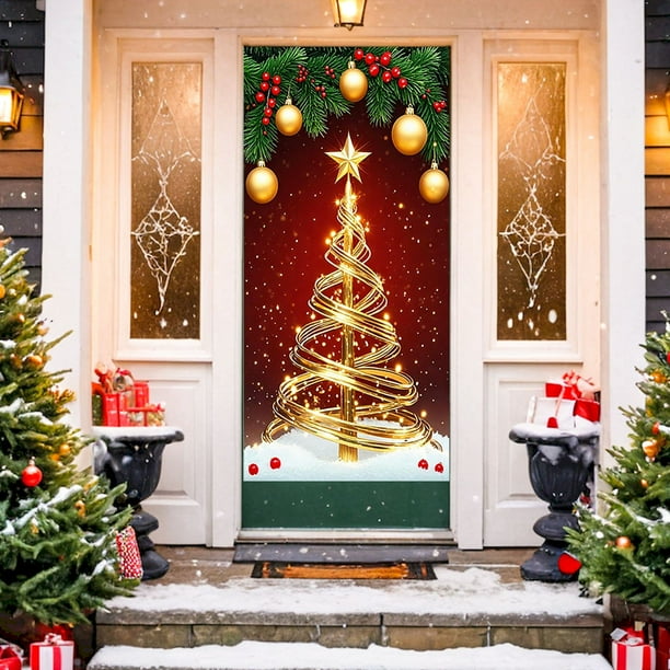 Cortina de puerta navideña con decoración navideña, fondo con escena navideña
