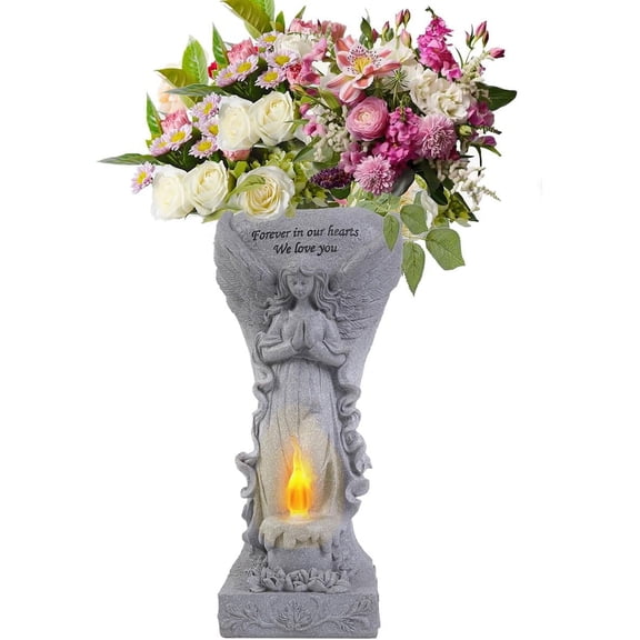 YUYAN-Cemetery Commemorative Gift - Garden Angel Statue with Solar Lights and Vases, Prayer Angel Vase,Angel Garden Statues Outdoor Decor, Tomb Cemetery Decoration