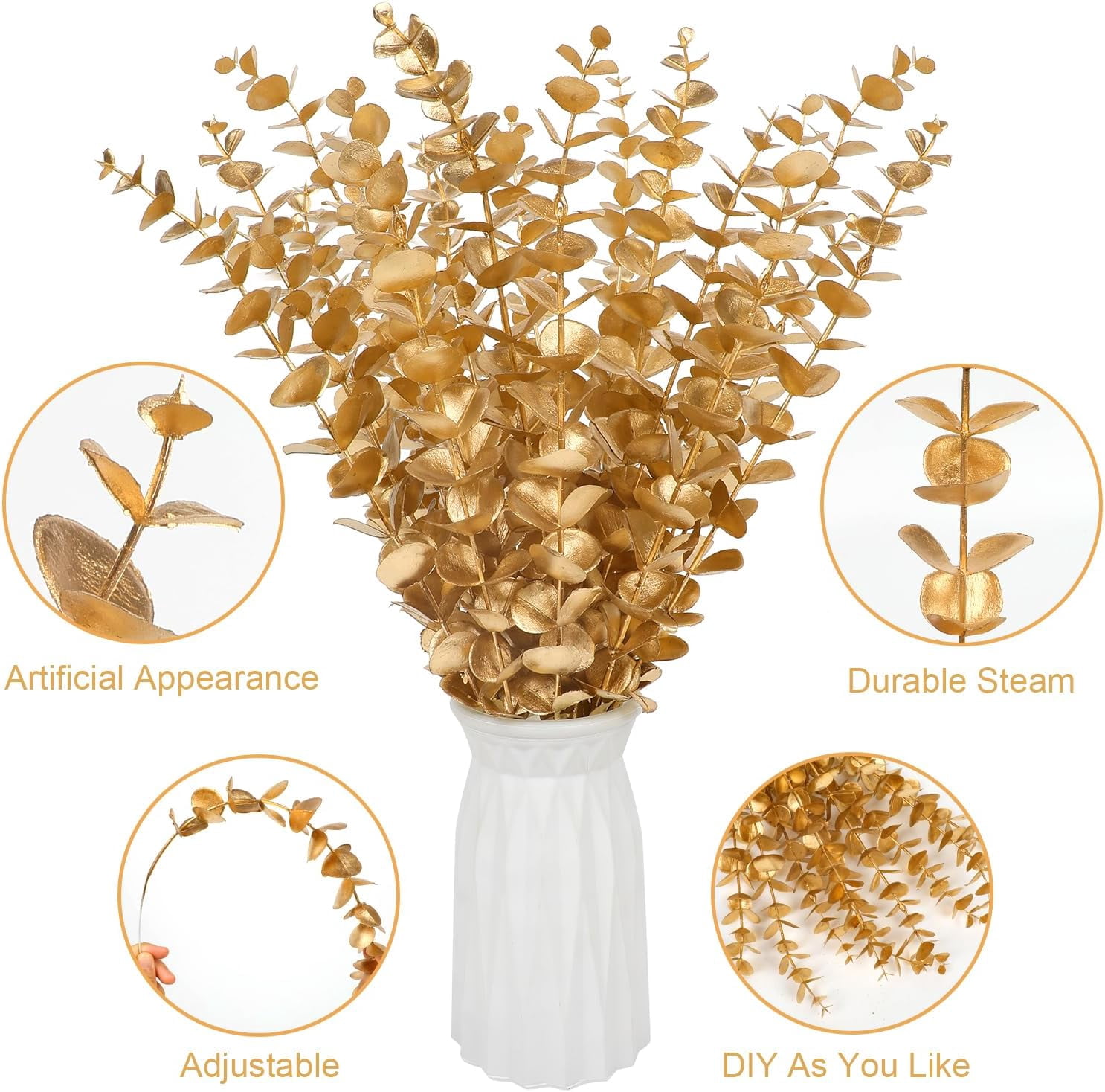 Asisol 40 Pieces Gold Artificial Eucalyptus Stems, Gold Leaves Artificial Flowers Fall Floral Arrangement Artificial Eucalyptus Flower for Gold Decor Wedding Party Bouquet Home Décor