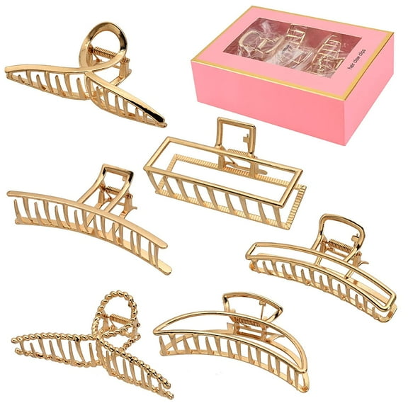 ZJQYDS 6 Pack Large Metal Hair Claw Clips - 4 Inch Big gold hair clips,Perfect Jaw hair clamps for Women and Thinner,Thick hair styling,Strong Hold Hair,Fashion Hair Accessories (Style 1)