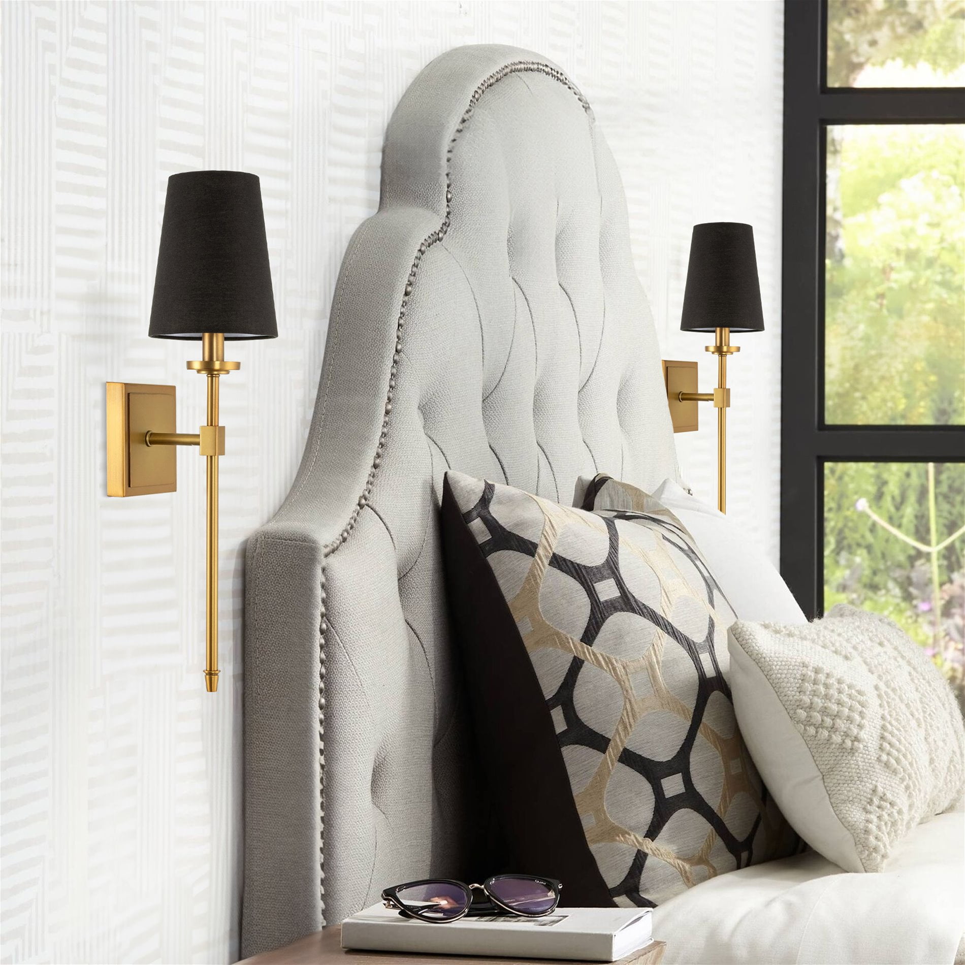 Kira Home Torche 20" Mid Century Wall Sconce, Tapered Black Linen Shade, Candle Wall Light, Elongated Tail, Warm Brass