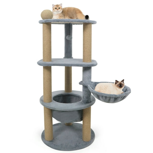 Gymax 48'' Tall Cat Towel w/Cat Nest Scratching Posts Ball Top Perch Hanging Ball
