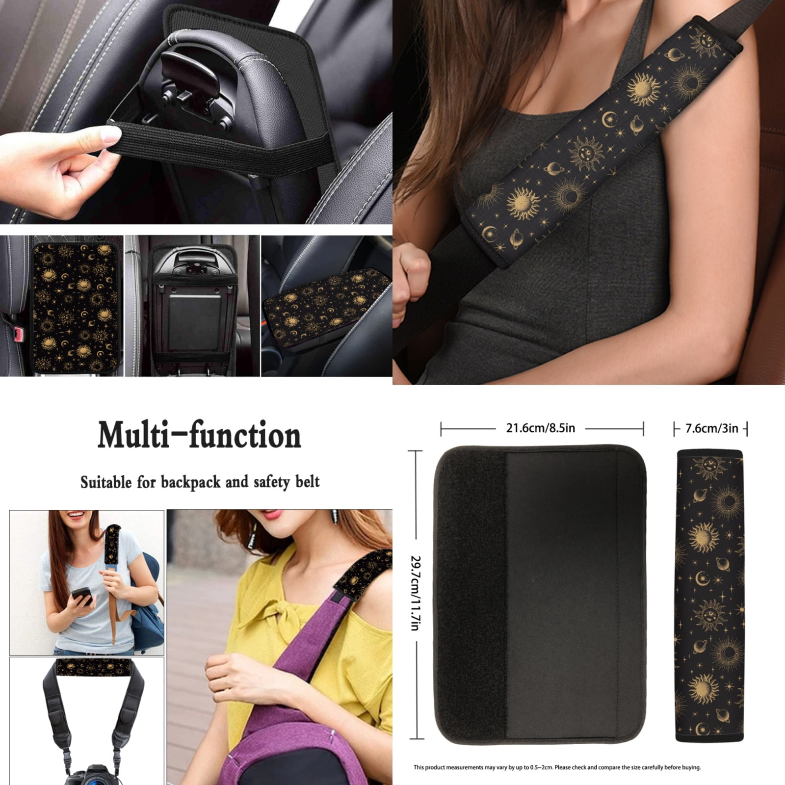 Yuyamidu Gold Sun and Moon Front Back Seat Cover Set of 13 Universal Steering Wheel Cover Seat Belt Pad Armrest Cover Pad Lipstick Sleeve Coasters Keychain Car Accessories Set