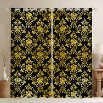 jejeloiu Ancient Damask Jacquard Black Out Curtains,Vintage Victorian Baroque Curtains Pack of 2 (42x63 Each),Gold Black Bedroom Curtains For Kids,Microfiber Bedroom Decor
