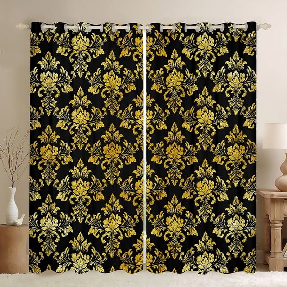 jejeloiu Ancient Damask Jacquard Black Out Curtains,Vintage Victorian Baroque Curtains Pack of 2 (42x63 Each),Gold Black Bedroom Curtains For Kids,Microfiber Bedroom Decor