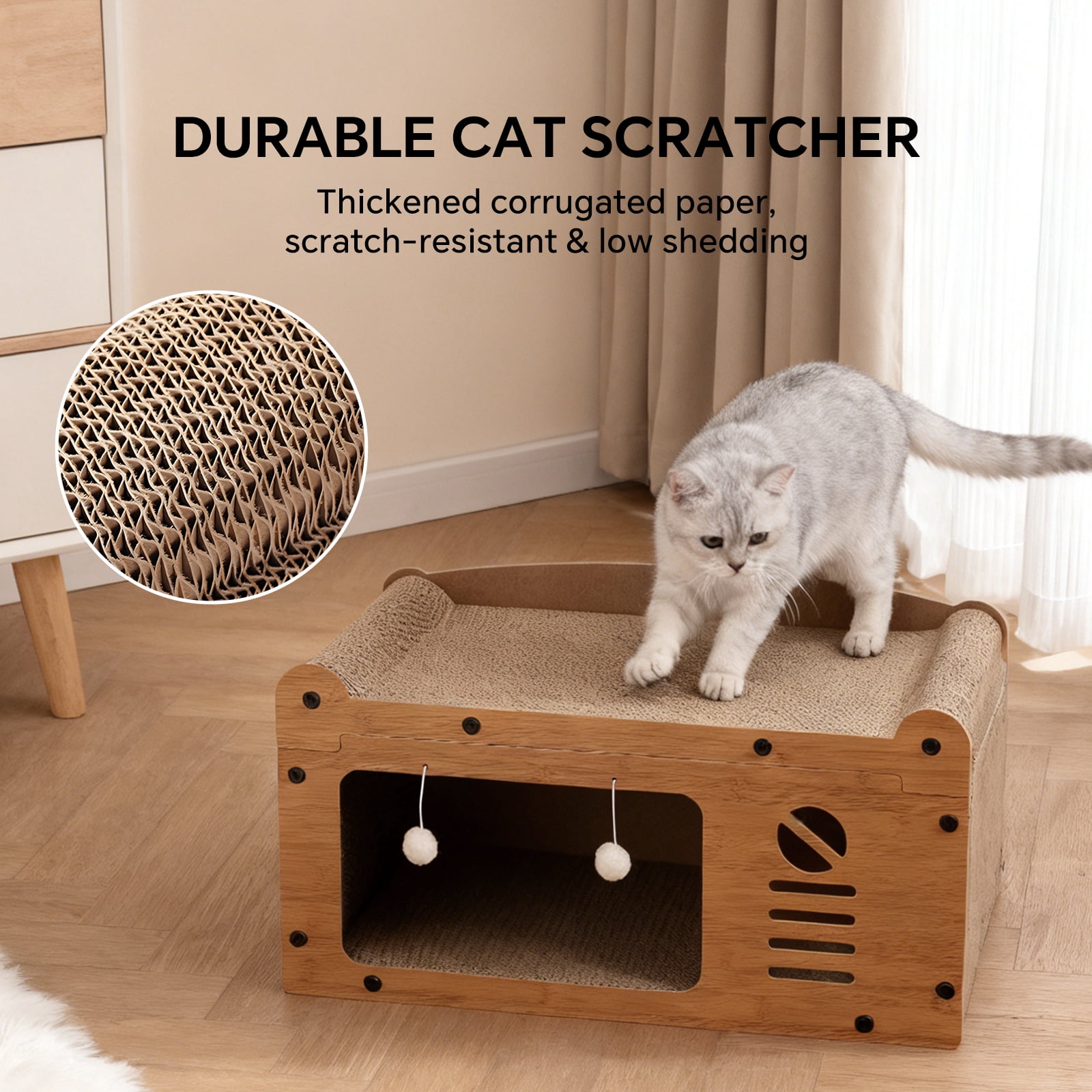 Cat Scratcher House, 2 in 1 Cat Bed and Cave with Hanging Ball Toys, Wooden Scratching Board for Kittens and Adult Cats